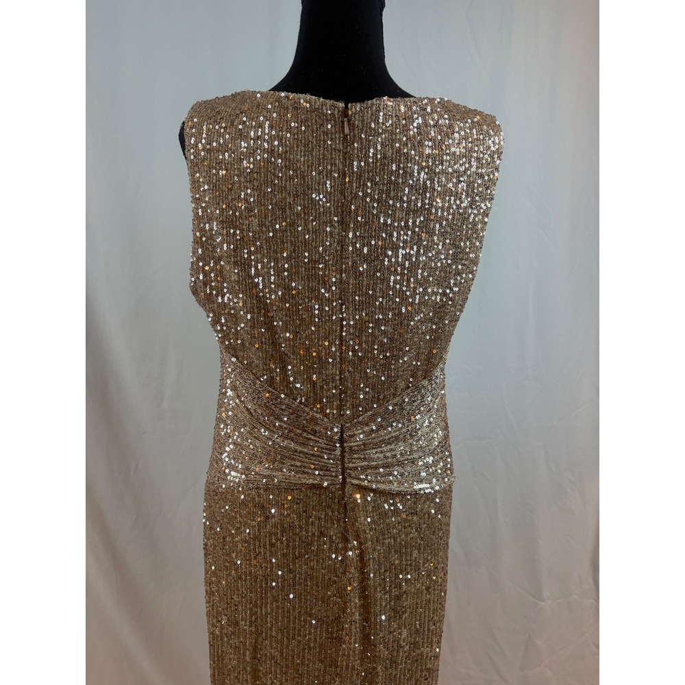 Champagne Gold Sequin Wrap V-Neck Sleeveless Maxi Evening Gown Knot Detail Dress - Picture 11 of 15